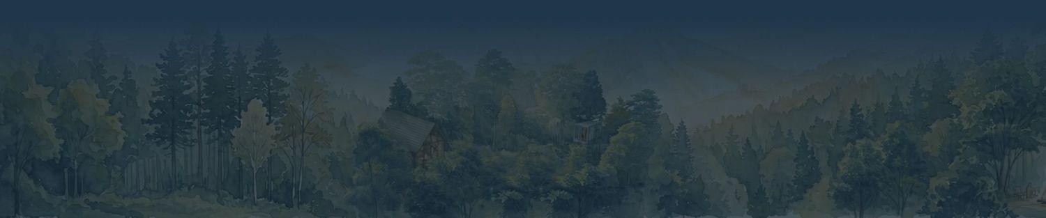 Illustrated dusk treeline with a cabin tucked among forested ridges