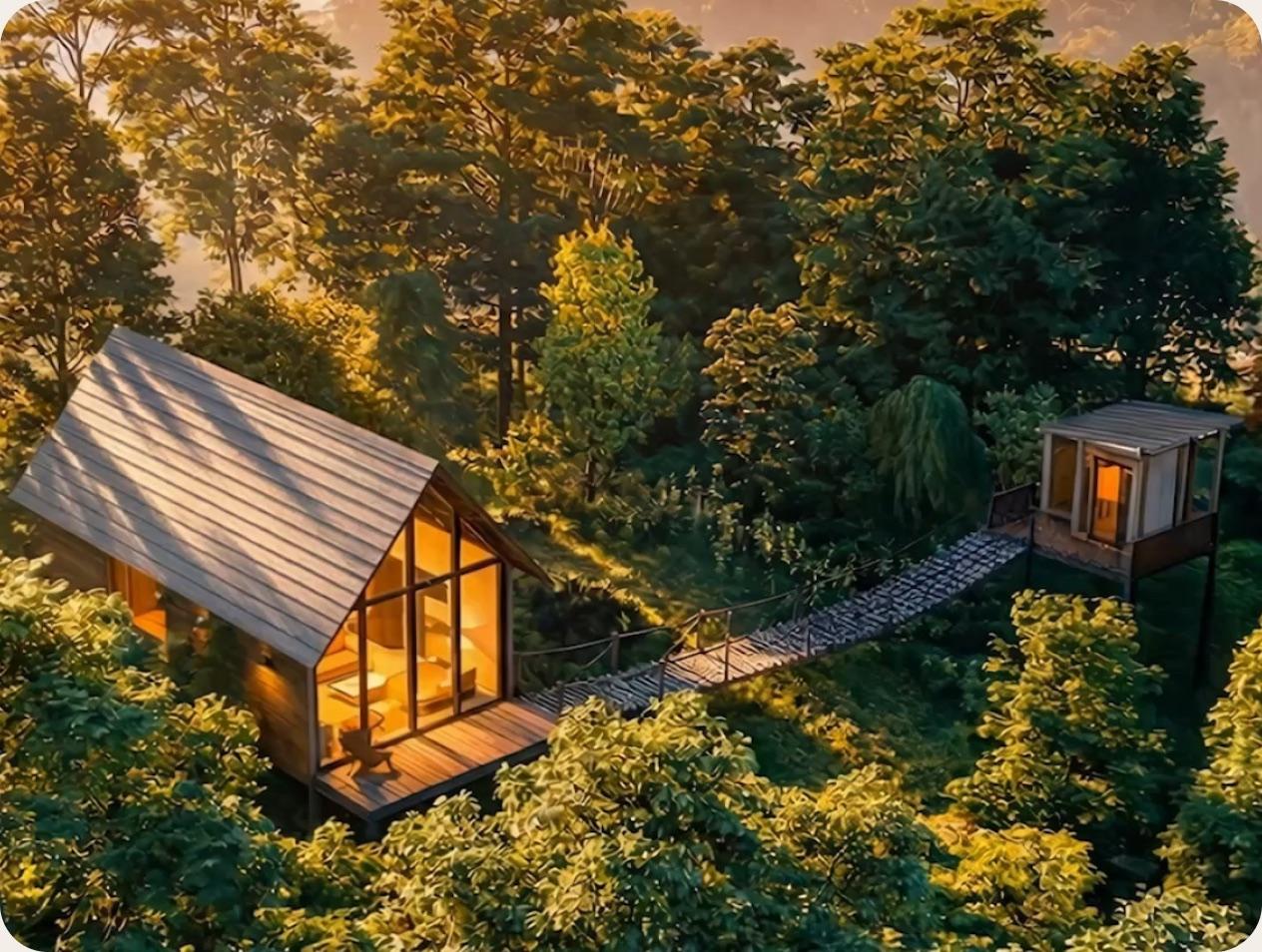 Aerial view of a treehouse and private sauna cabin connected by a suspension bridge above the forest canopy