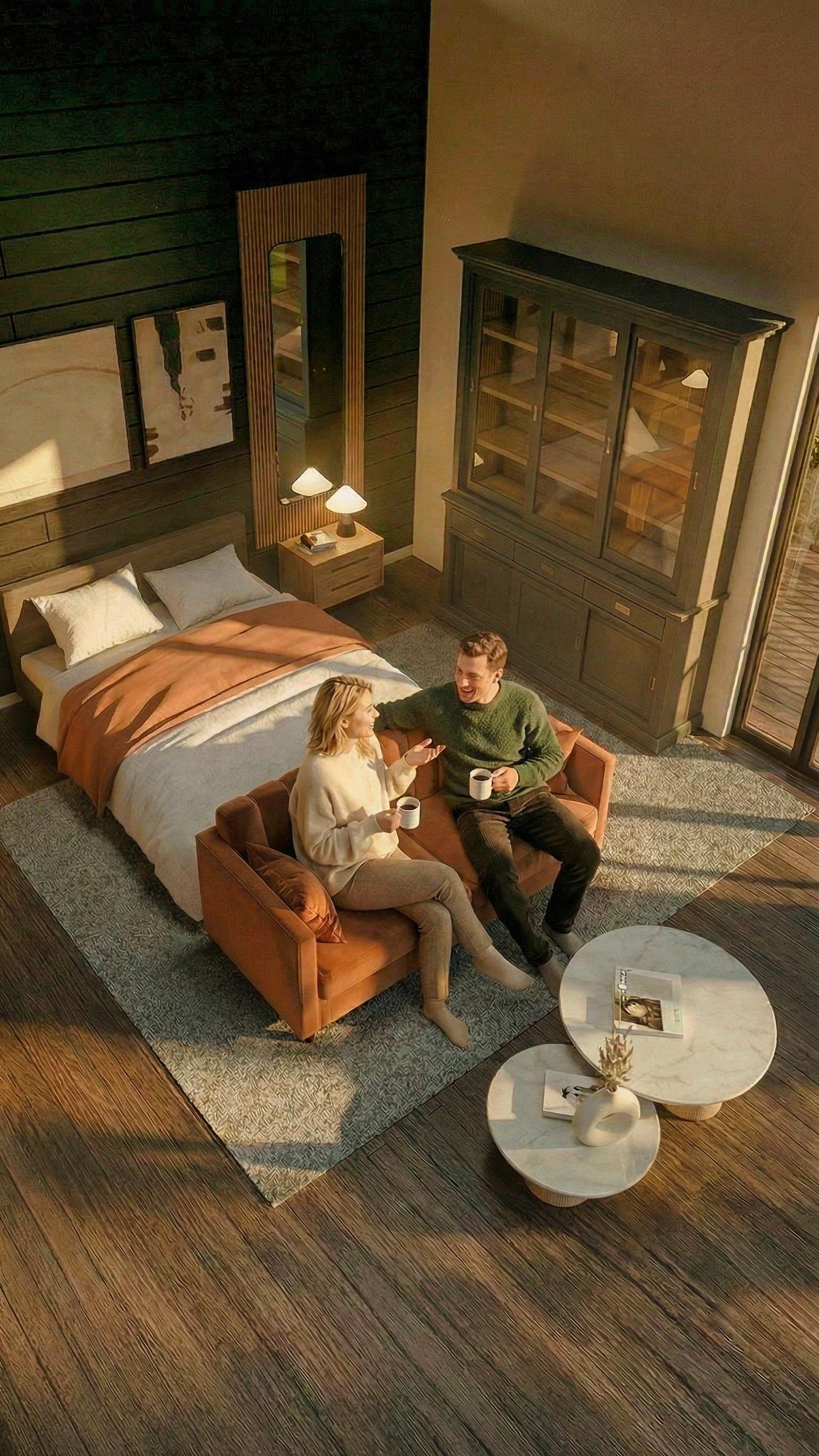 Couple sharing coffee together on a couch beside the bed