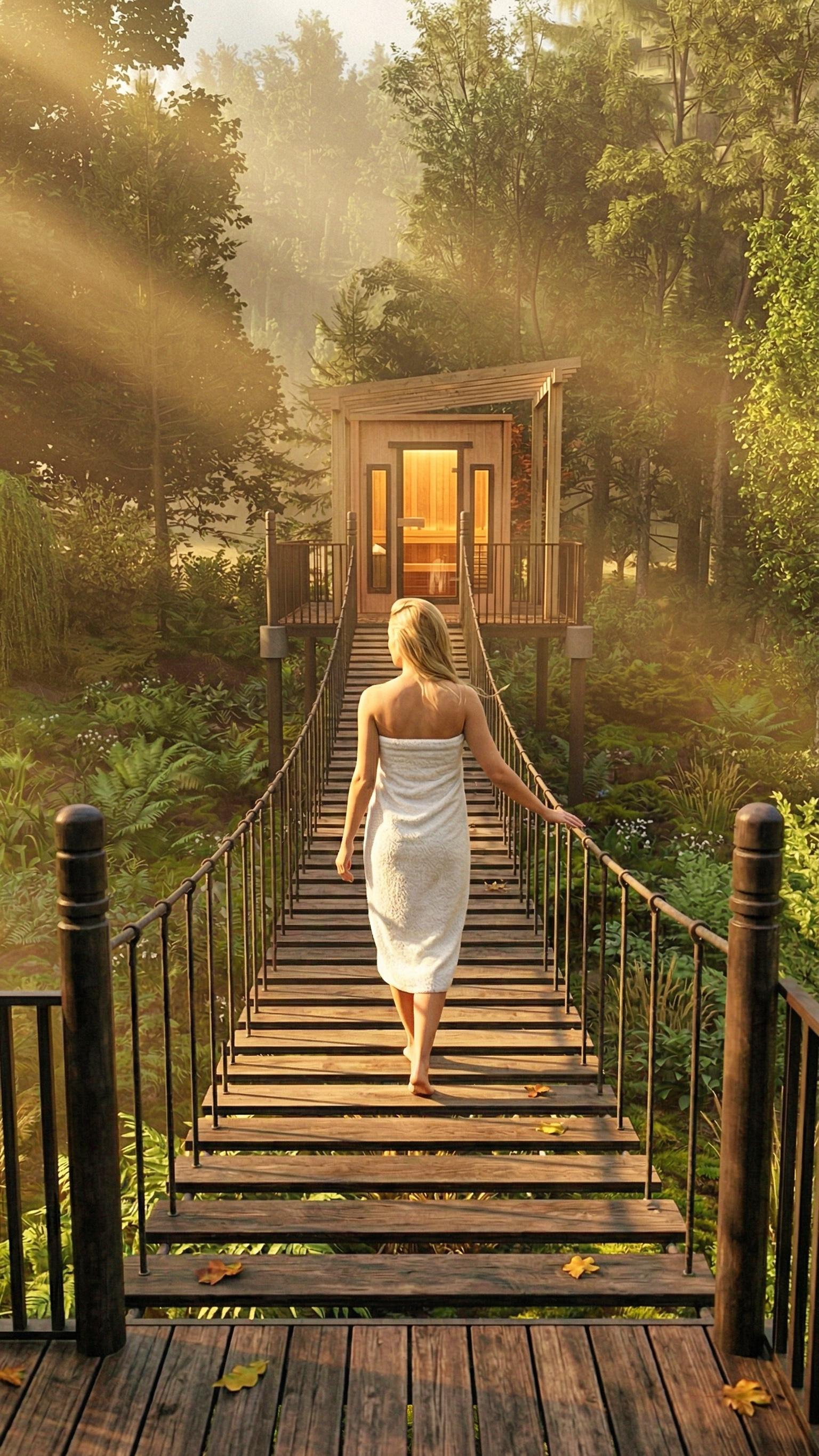 Guest crossing a suspension bridge to a treehouse in the morning light