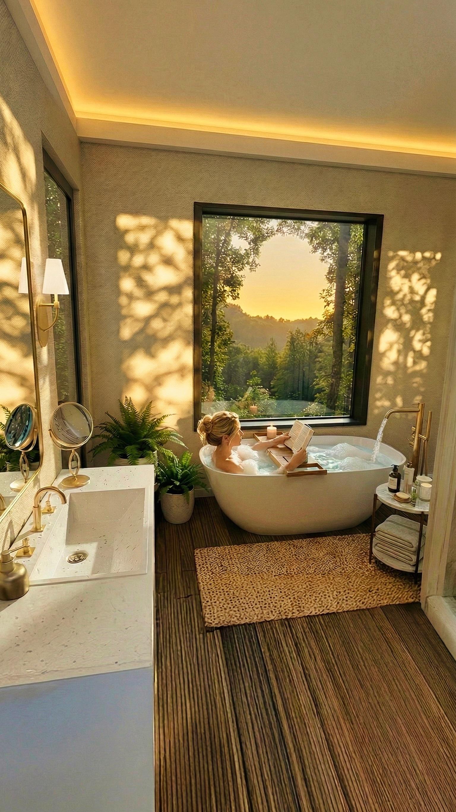 Guest reading in a soaking tub beside a forest-view window at sunset