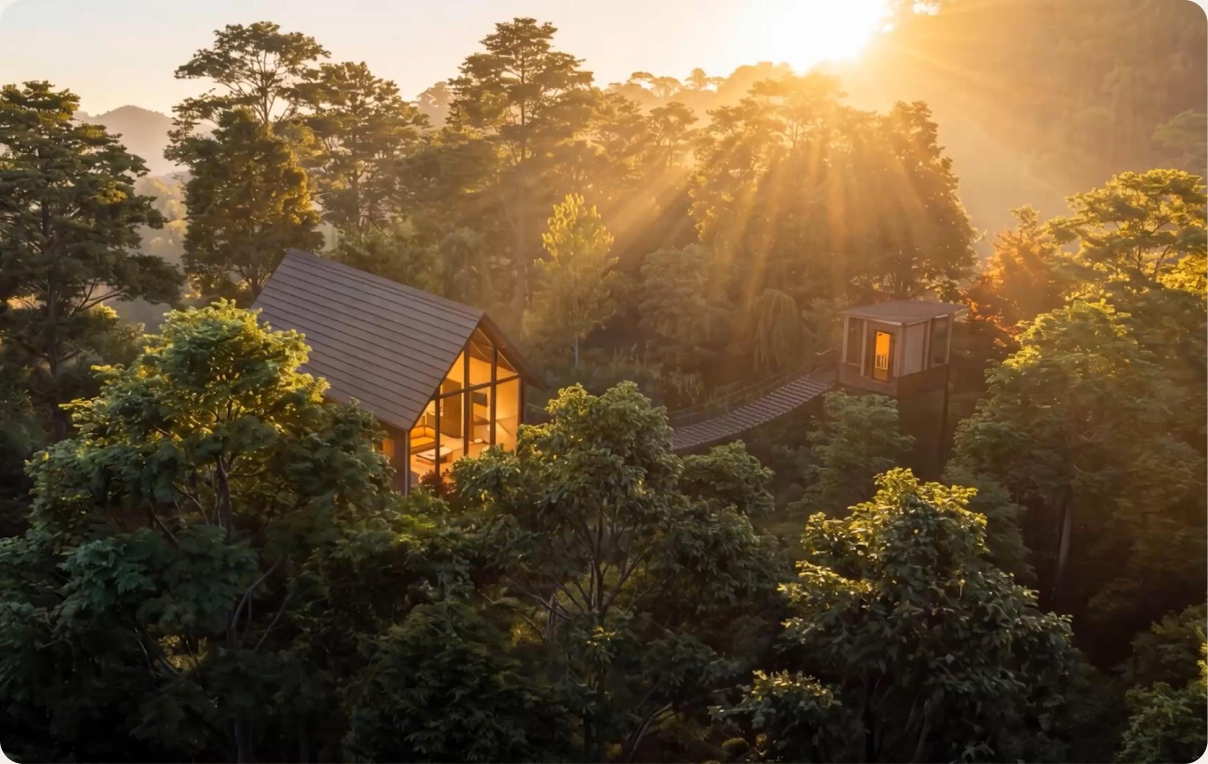 Glass-gabled treehouse and lookout cabin glowing at sunrise above the forest canopy, connected by a suspension bridge